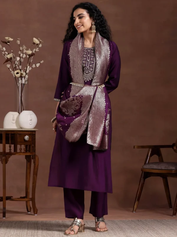 Wine Yoke Design Silk Blend Straight Suit With Dupatta - Image 2