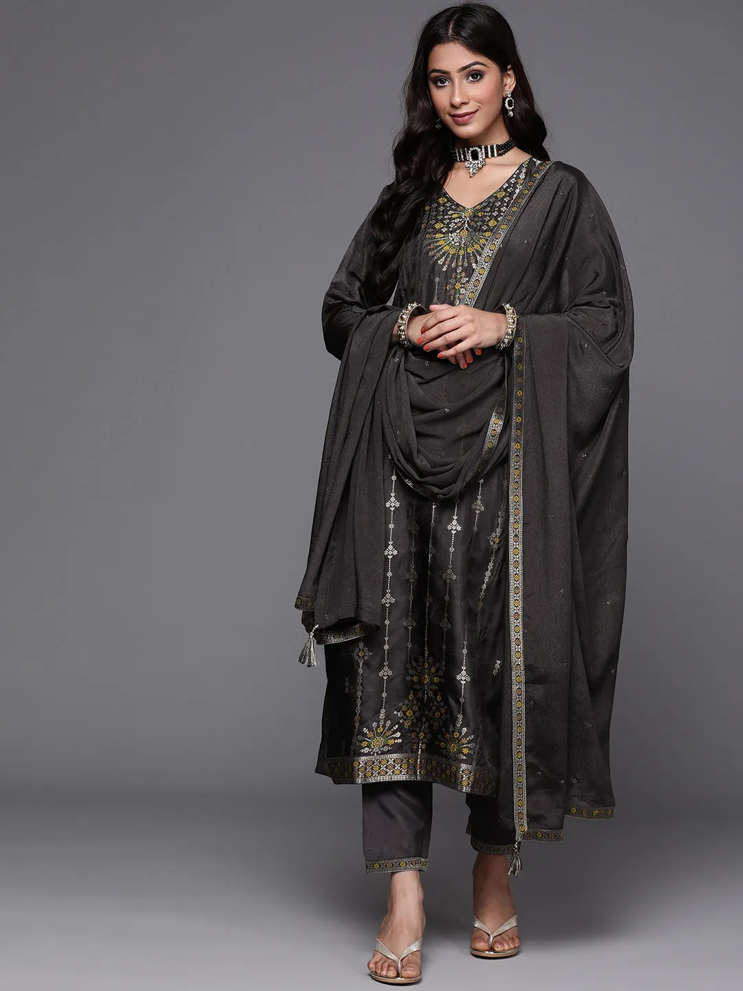 Charcoal Self Design Silk Straight Kurta With Dupatta - Image 4