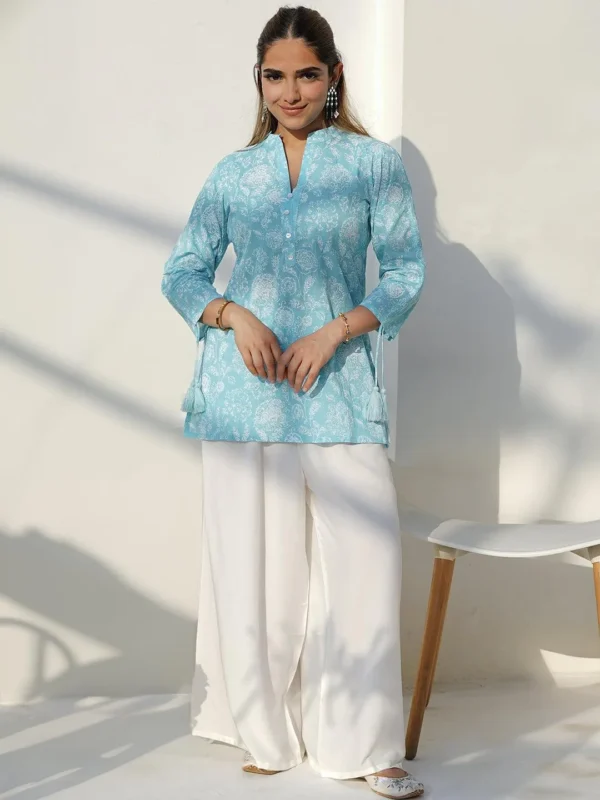 Blue Printed Cotton Straight Kurti - Image 2