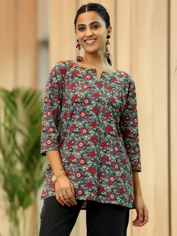 Blue Printed Cotton Straight Kurti - Image 2