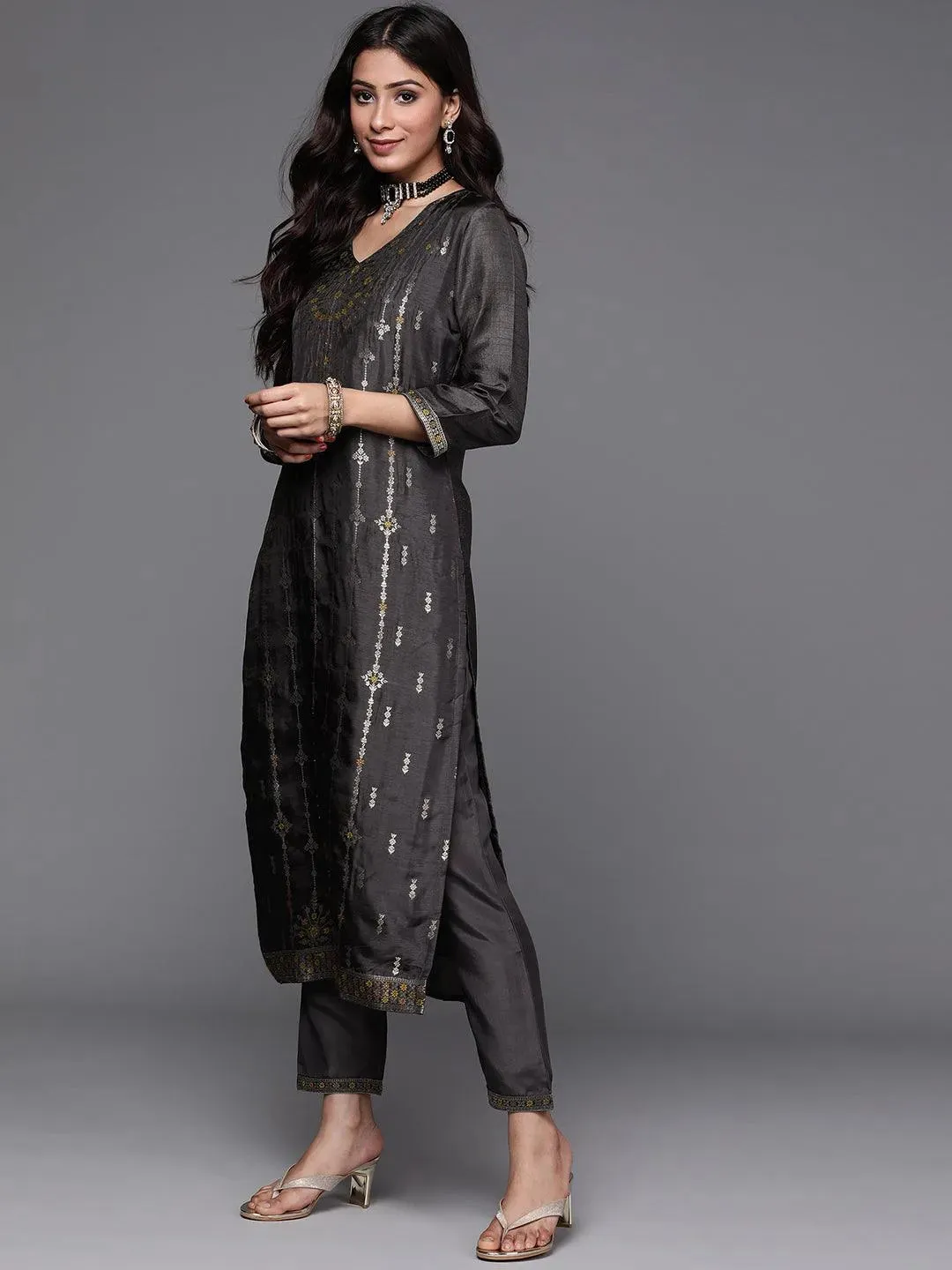 Charcoal Self Design Silk Straight Kurta With Dupatta - Image 3