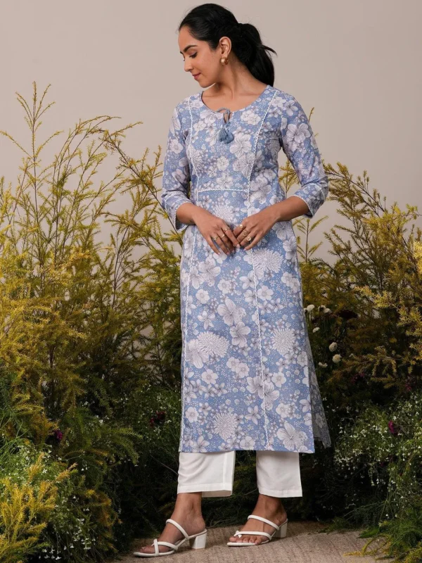Blue Printed Cotton Straight Kurta - Image 3