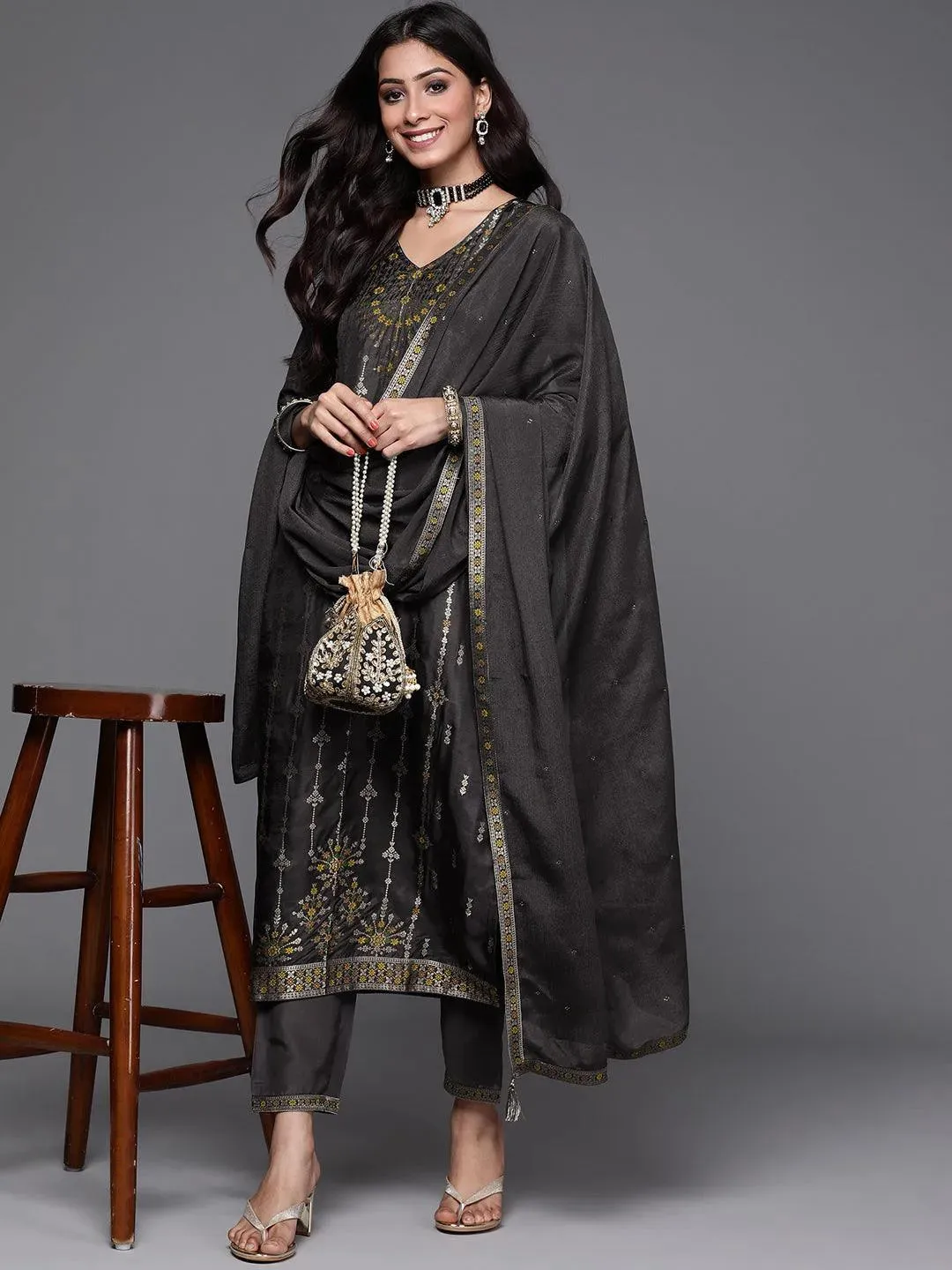 Charcoal Self Design Silk Straight Kurta With Dupatta