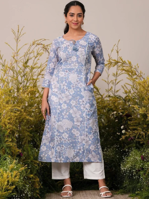 Blue Printed Cotton Straight Kurta - Image 4