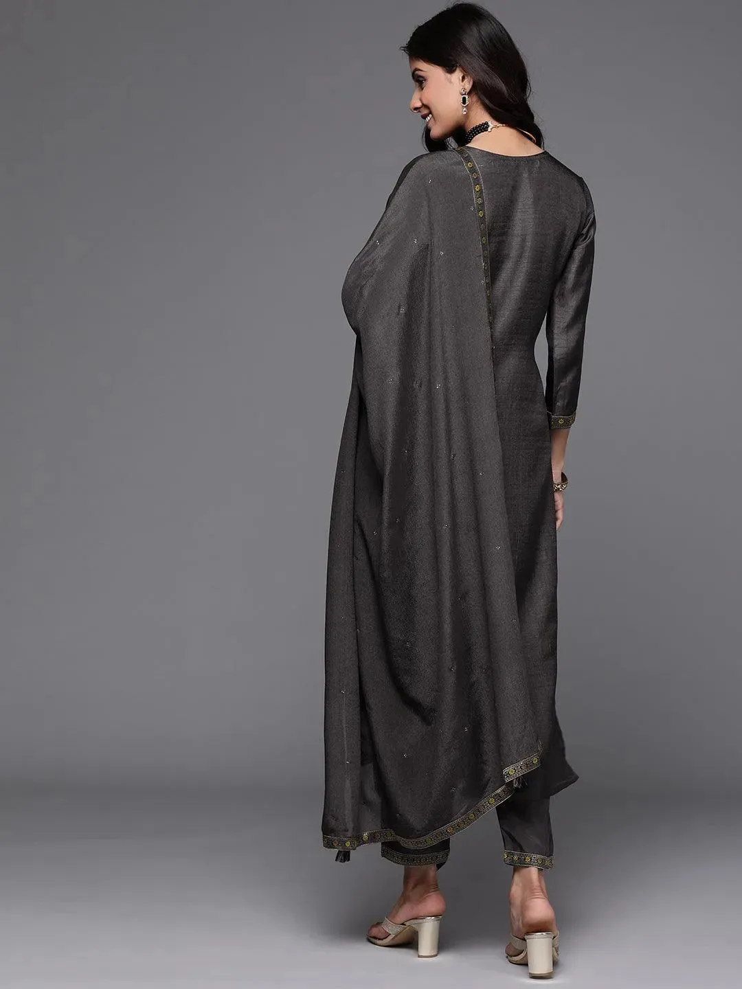 Charcoal Self Design Silk Straight Kurta With Dupatta - Image 5