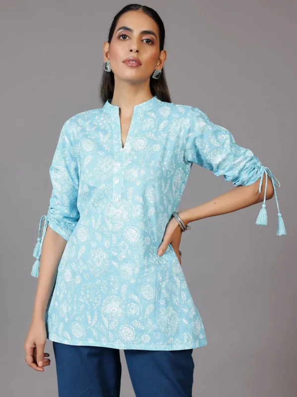 Blue Printed Cotton Straight Kurti - Image 5