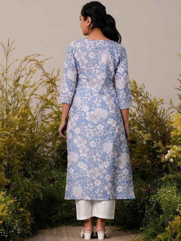 Blue Printed Cotton Straight Kurta - Image 5