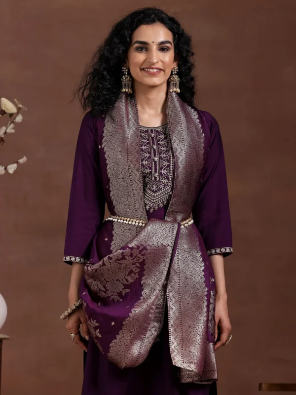 Wine Yoke Design Silk Blend Straight Suit With Dupatta - Image 8