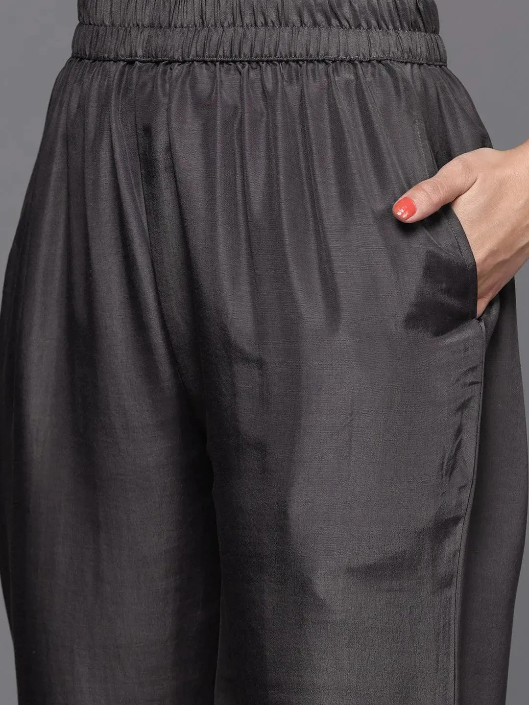 Charcoal Self Design Silk Straight Kurta With Dupatta - Image 6