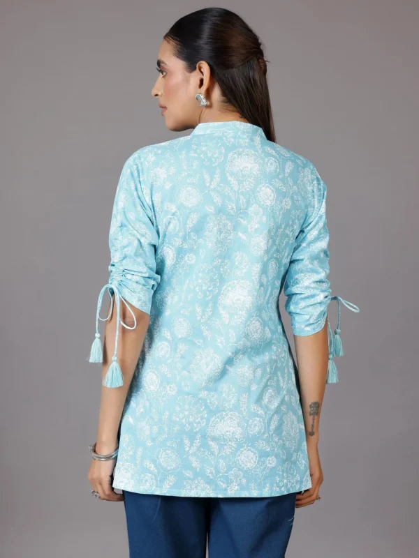Blue Printed Cotton Straight Kurti - Image 6