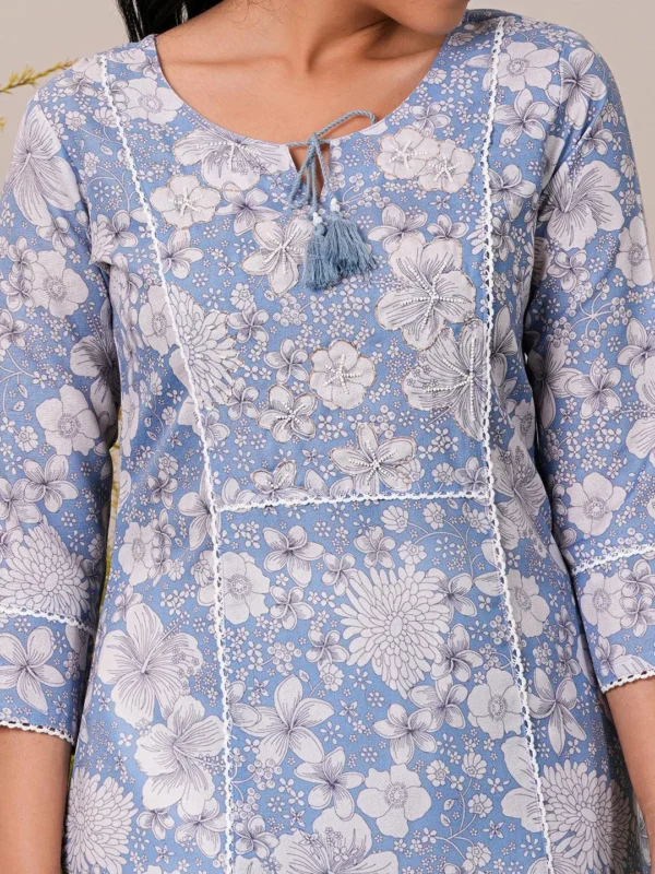 Blue Printed Cotton Straight Kurta - Image 6