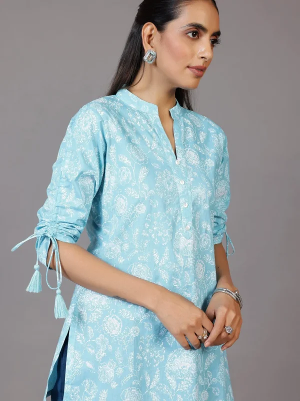 Blue Printed Cotton Straight Kurti - Image 7