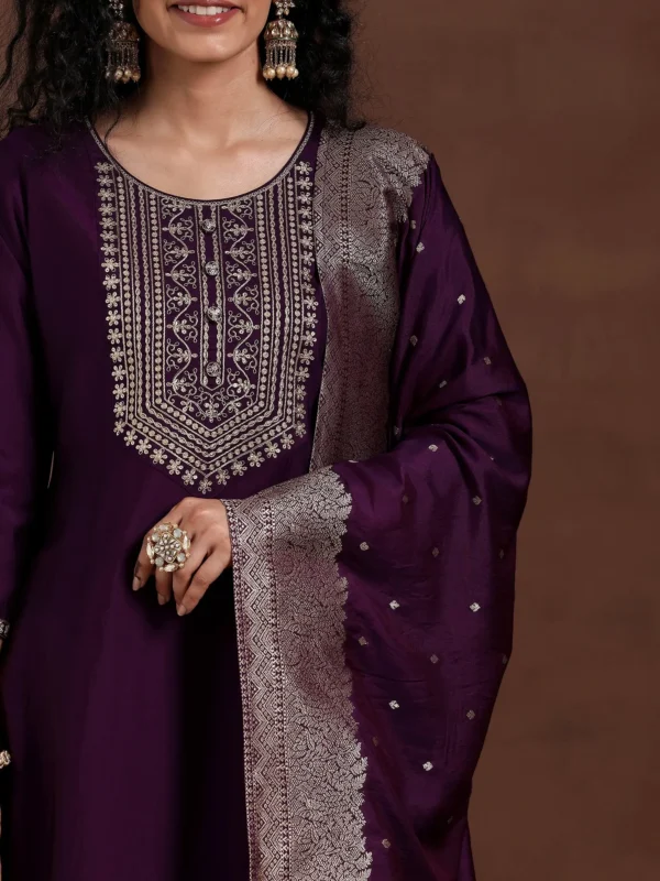 Wine Yoke Design Silk Blend Straight Suit With Dupatta - Image 6