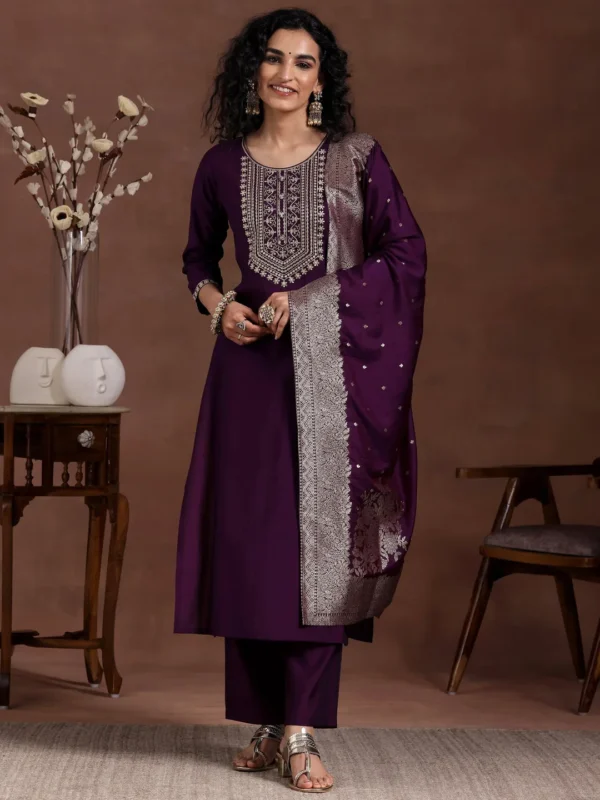Wine Yoke Design Silk Blend Straight Suit With Dupatta