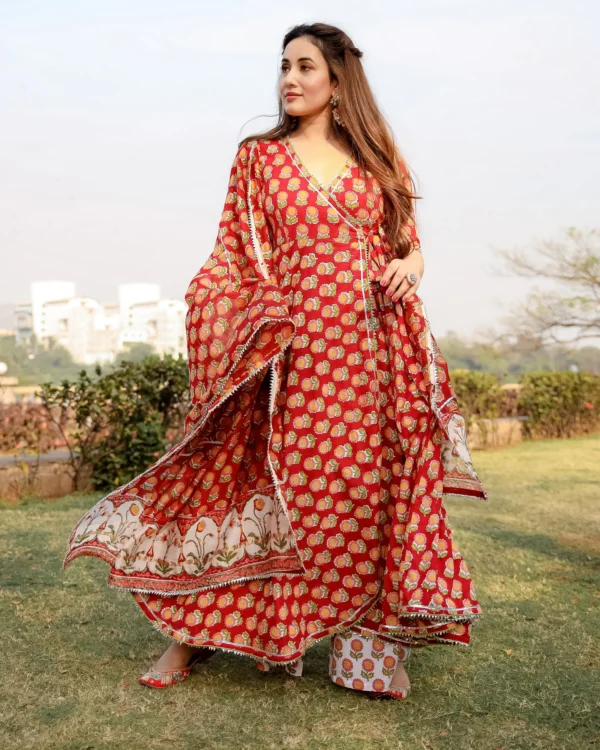 Women Red Rosewood Handblock Suit Set