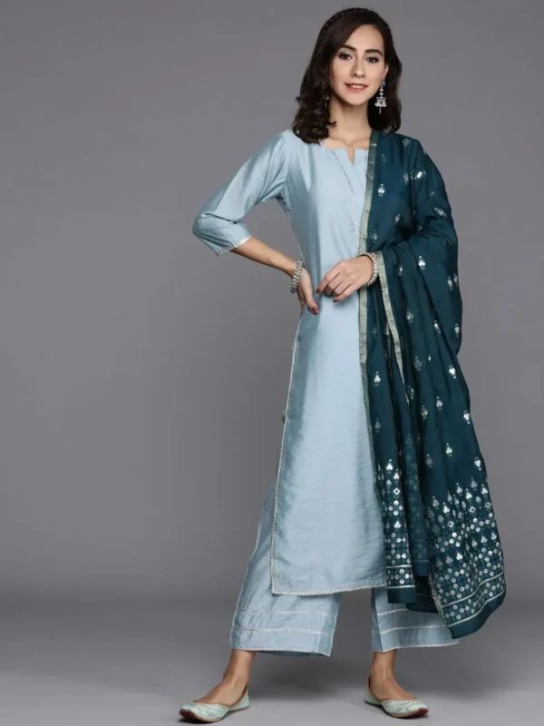 Women Grey Solid Silk Blend Straight Kurta With Palazzos & Dupatta - Image 5