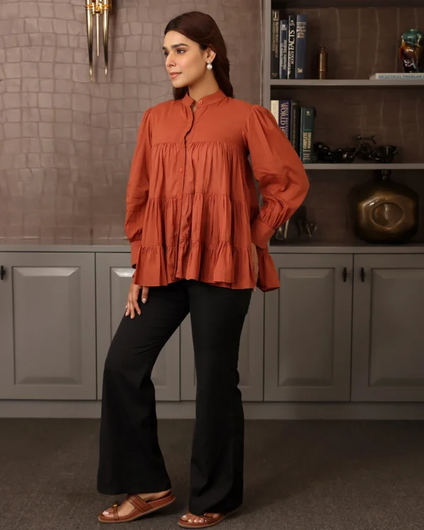 Women Rust Orange Mulmul Tiered Shirt - Image 4