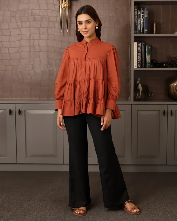 Women Rust Orange Mulmul Tiered Shirt