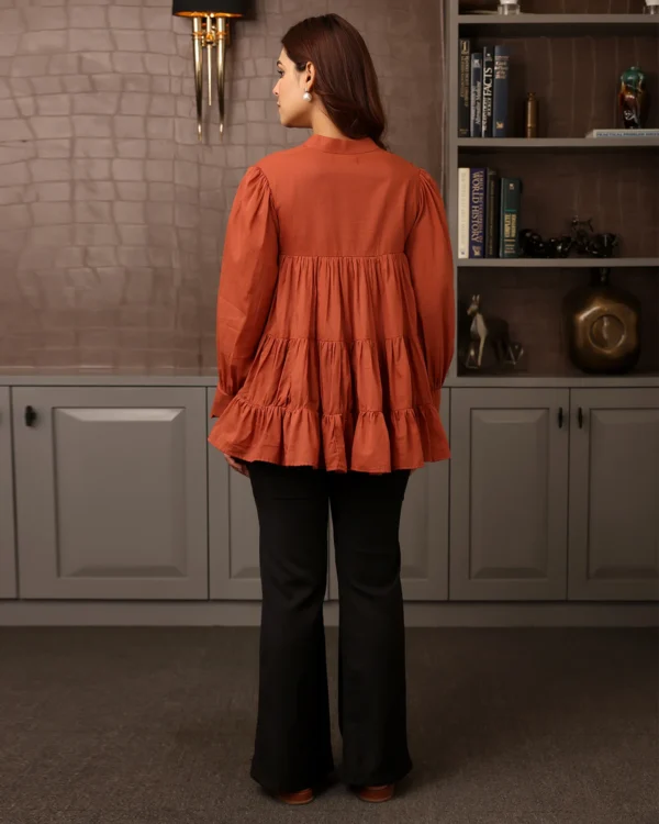 Women Rust Orange Mulmul Tiered Shirt - Image 3
