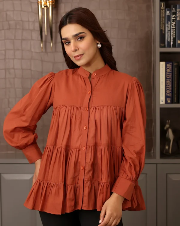Women Rust Orange Mulmul Tiered Shirt - Image 2