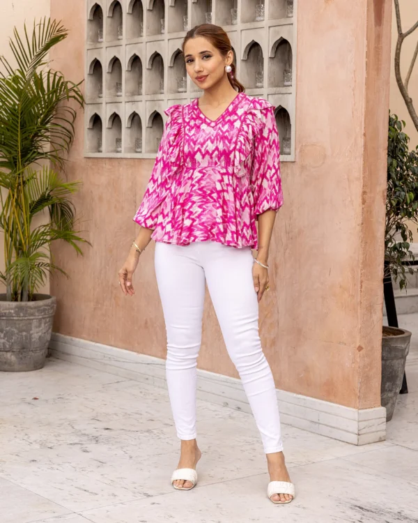 Women Magenta Pink Ikat Top - Image 4