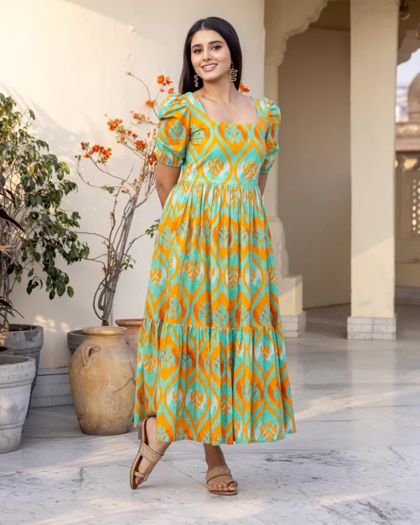 Women Teal Green Ikat Dress - Image 6