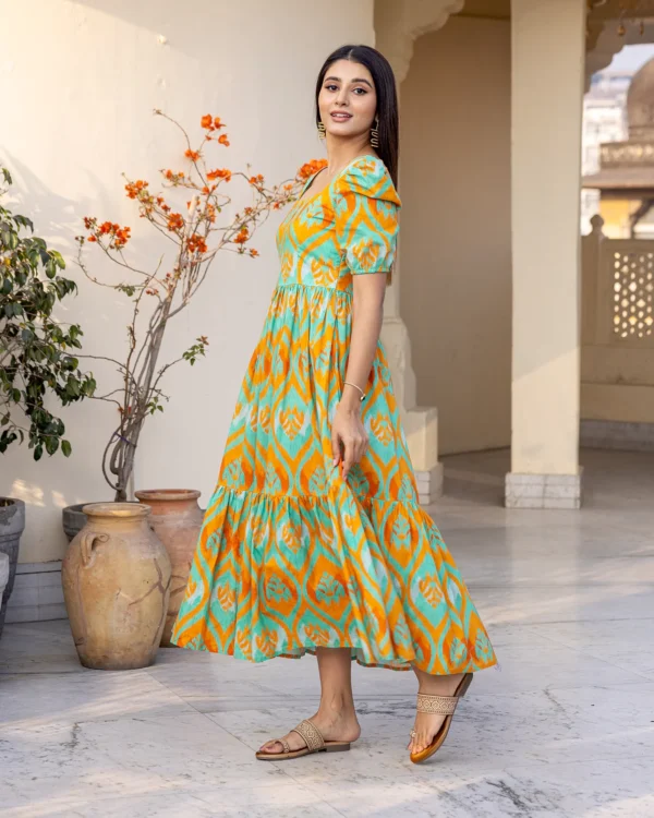 Women Teal Green Ikat Dress - Image 4