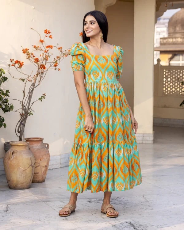 Women Teal Green Ikat Dress - Image 5