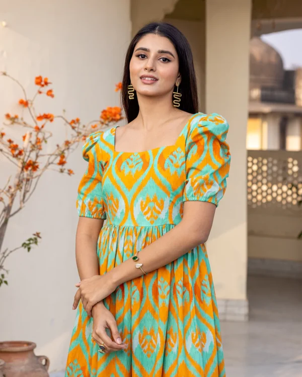 Women Teal Green Ikat Dress - Image 2