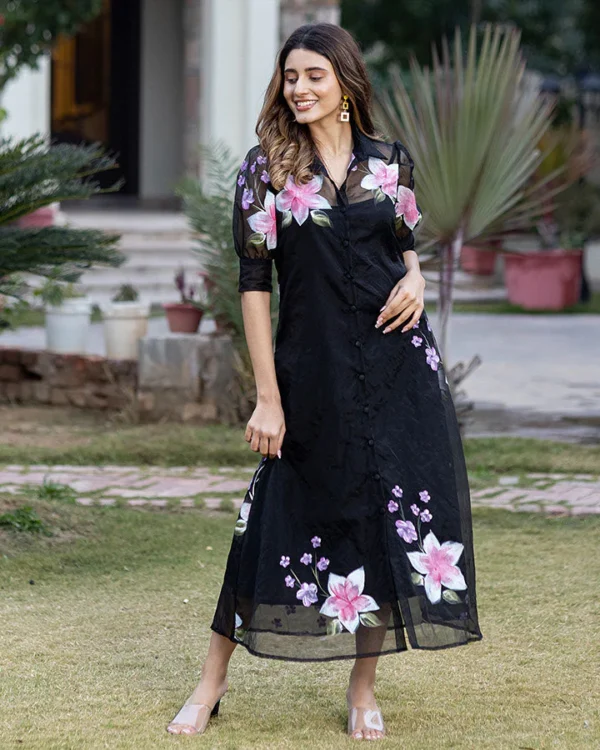 WOMEN BLACK ORGANZA SHIRT DRESS - Image 3