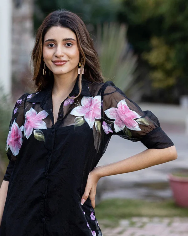 WOMEN BLACK ORGANZA SHIRT DRESS - Image 2