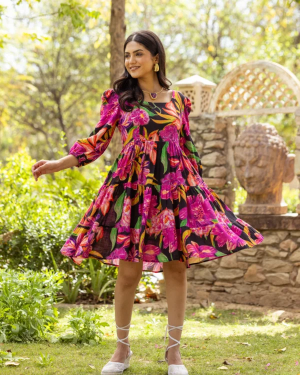 Women Black Aquarelle Floral Tiered Dress - Image 6