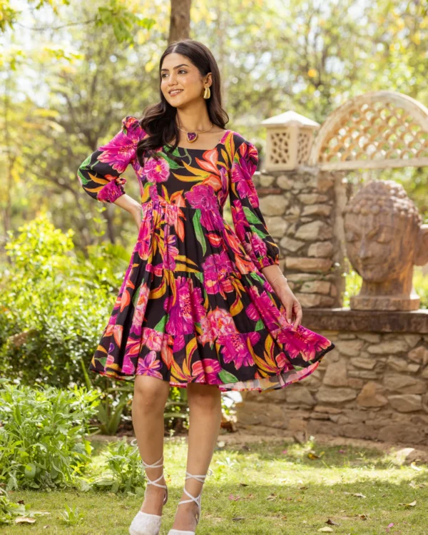 Women Black Aquarelle Floral Tiered Dress - Image 5