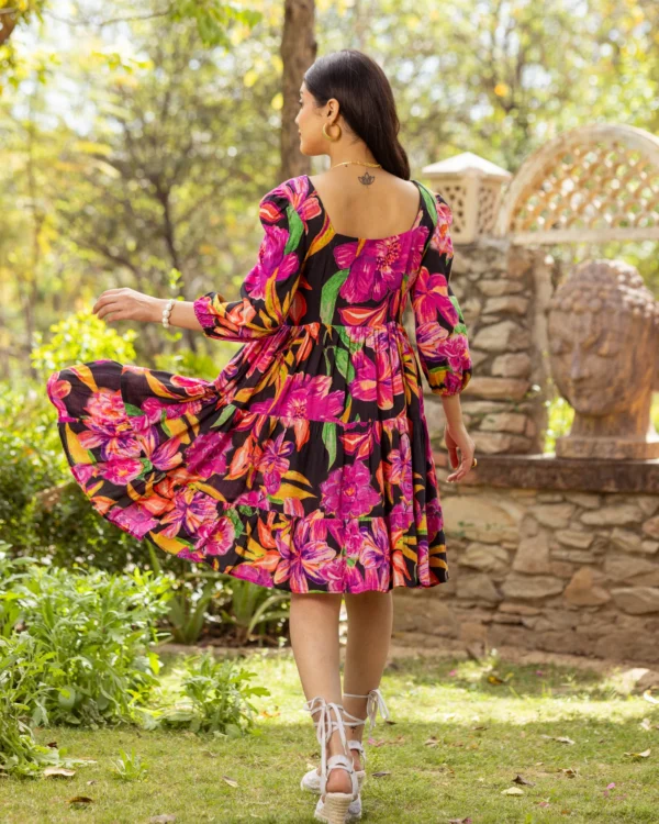 Women Black Aquarelle Floral Tiered Dress - Image 4
