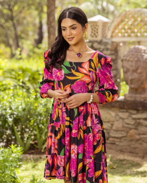 Women Black Aquarelle Floral Tiered Dress - Image 3
