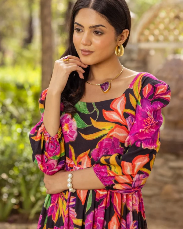 Women Black Aquarelle Floral Tiered Dress - Image 2