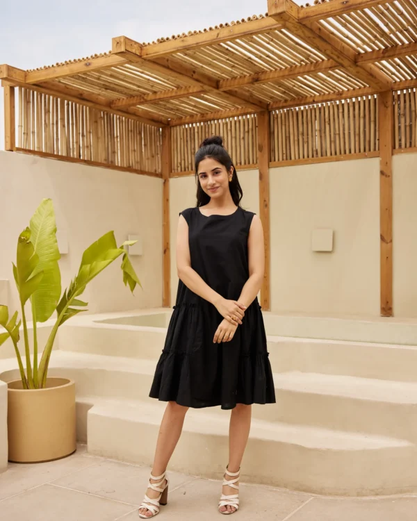 Women Black Solid Tiered Dress